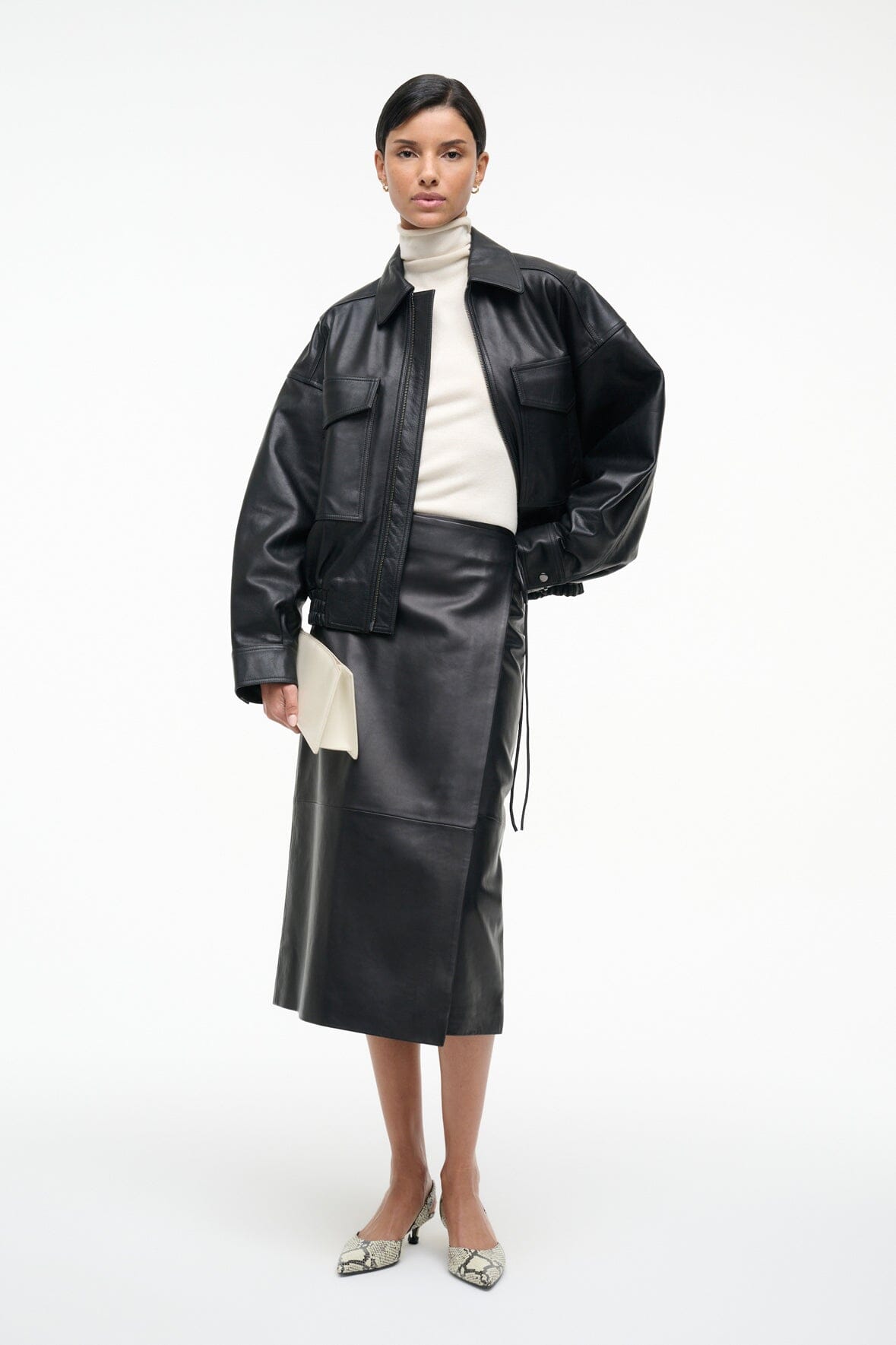 STAUD | Roman Leather Wrap Skirt Black