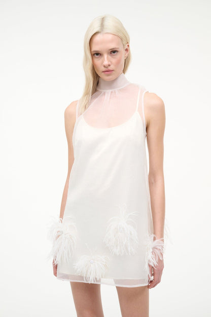 STAUD | Albee Mini Dress In White - Sheer Organza With Feathers
