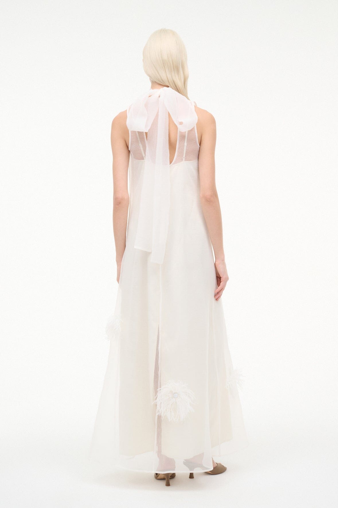 STAUD | Albee White Gown - Sheer Organza With Feather Details