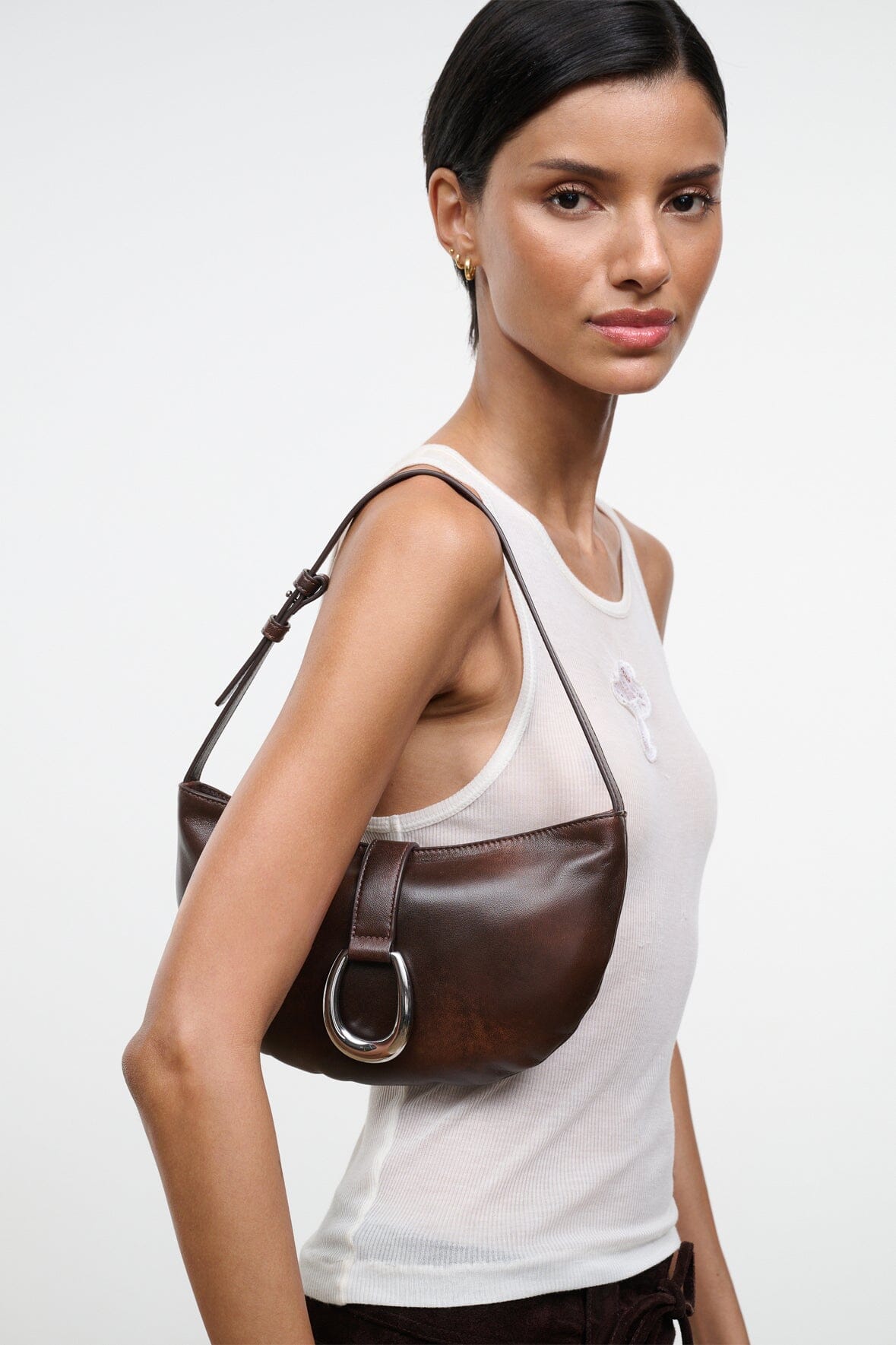 STAUD | Harlow Crescent Shoulder Bag Espresso Distressed