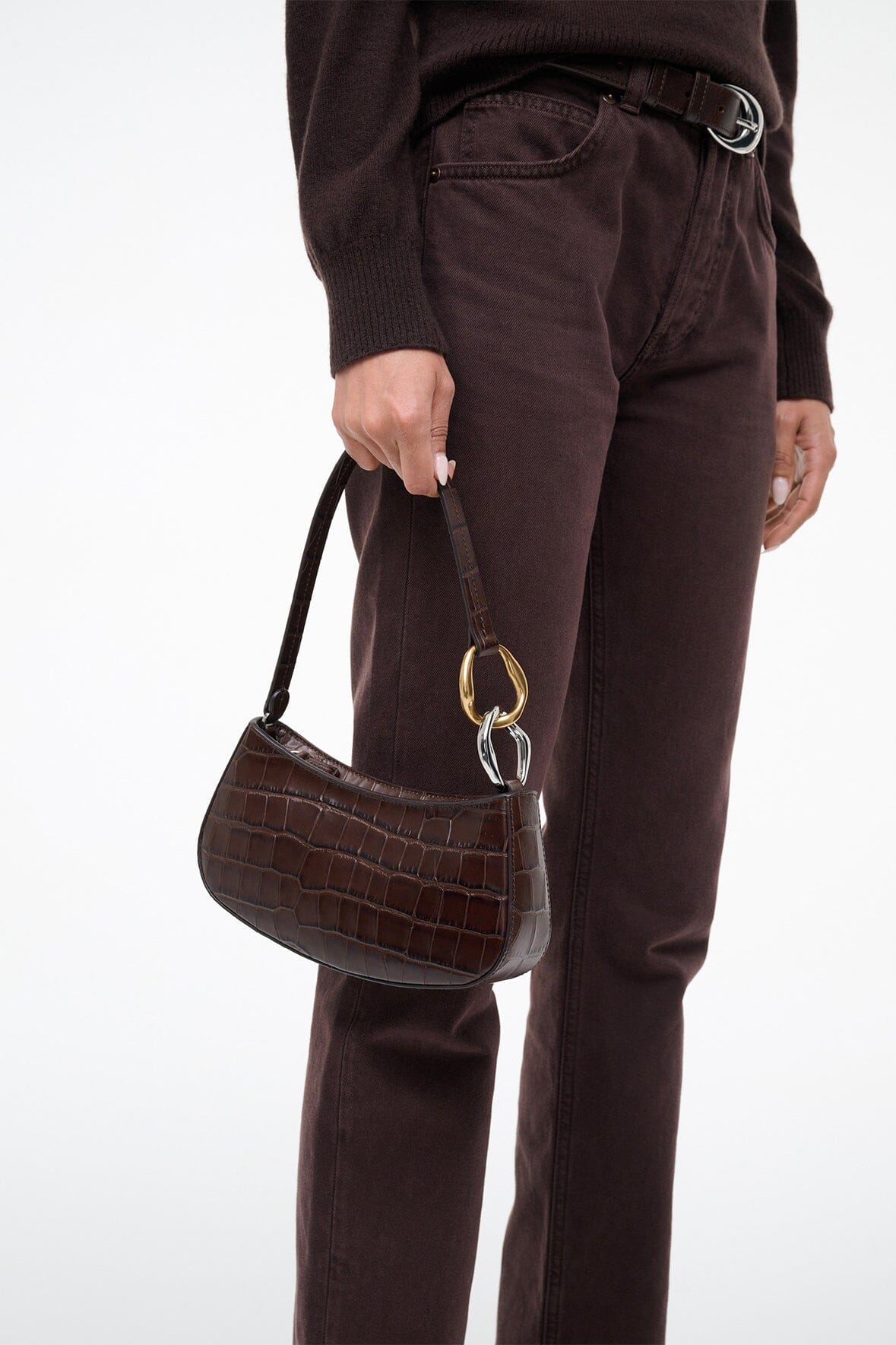 STAUD | Ollie Bag Espresso Croc Leather Mini Shoulder Bag - Staud
