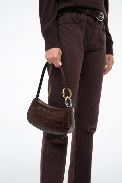 STAUD | Ollie Bag Espresso Croc Leather Mini Shoulder Bag - Staud