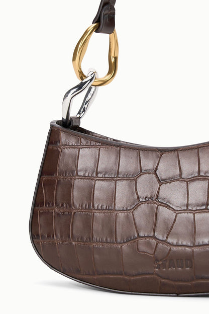 STAUD | Ollie Bag Espresso Croc Leather Mini Shoulder Bag - Staud