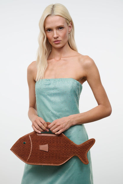 STAUD | Cleo Fish Bag In Tabac - Unique Woven Suede Design