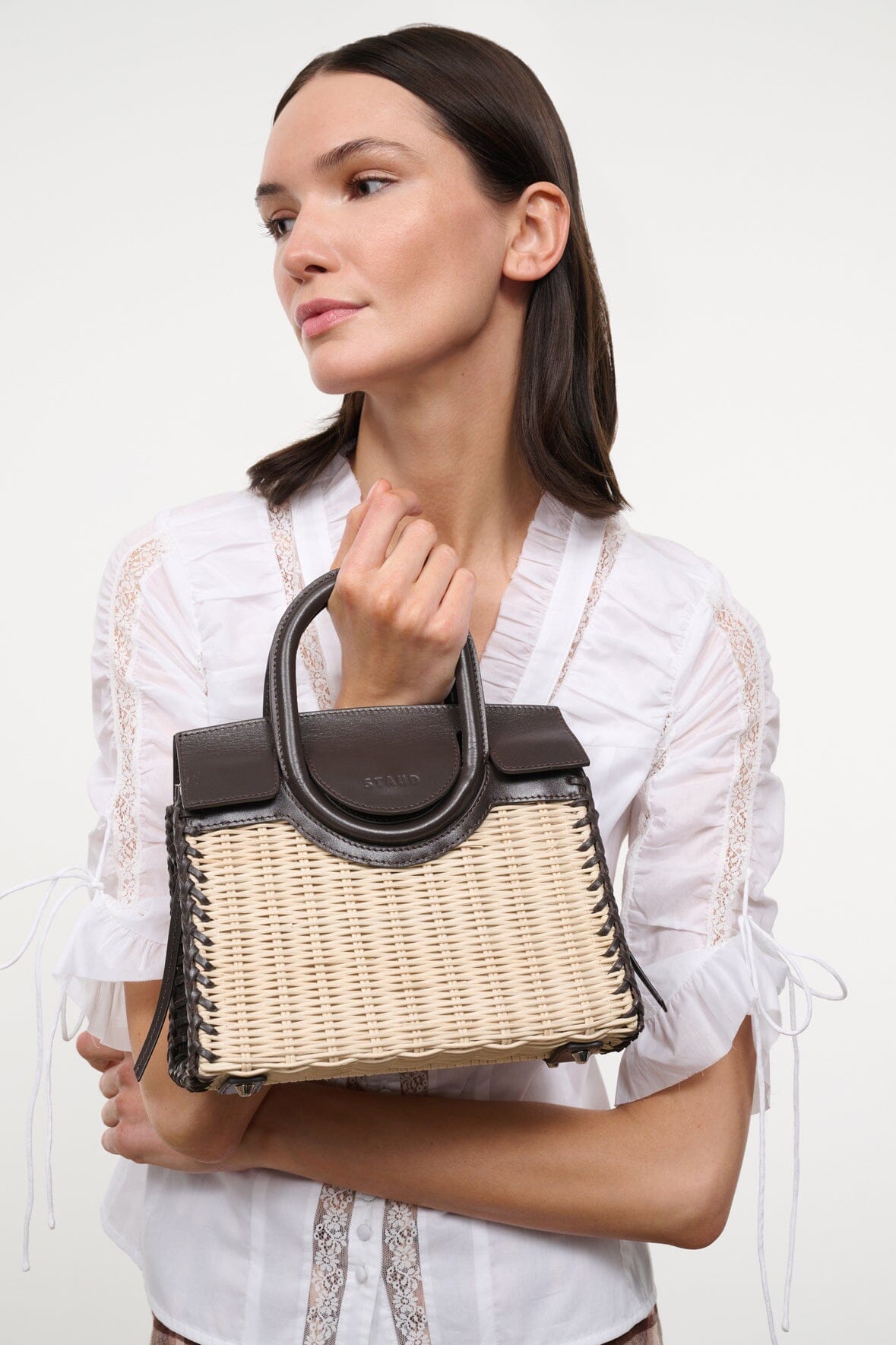 STAUD | Maude Mini Wicker Carryall Natural Espresso