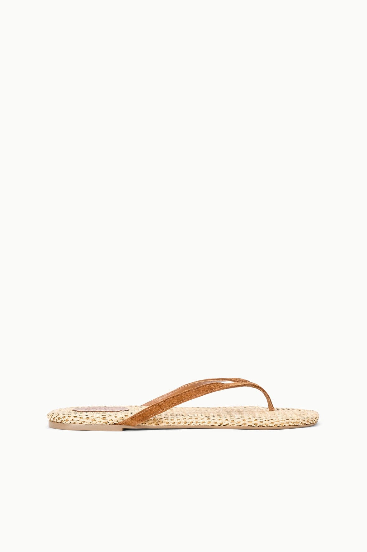 STAUD | Tan Suede Freja Flip Flop Sandals With Raffia Footbed