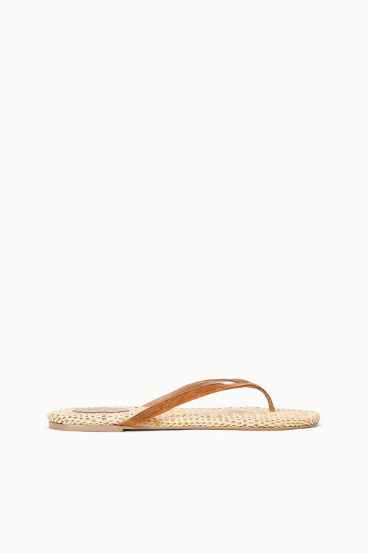 STAUD | Tan Suede Freja Flip Flop Sandals With Raffia Footbed