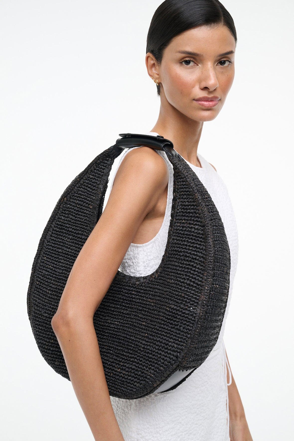 STAUD | Large Raffia Moon Tote Bag Black
