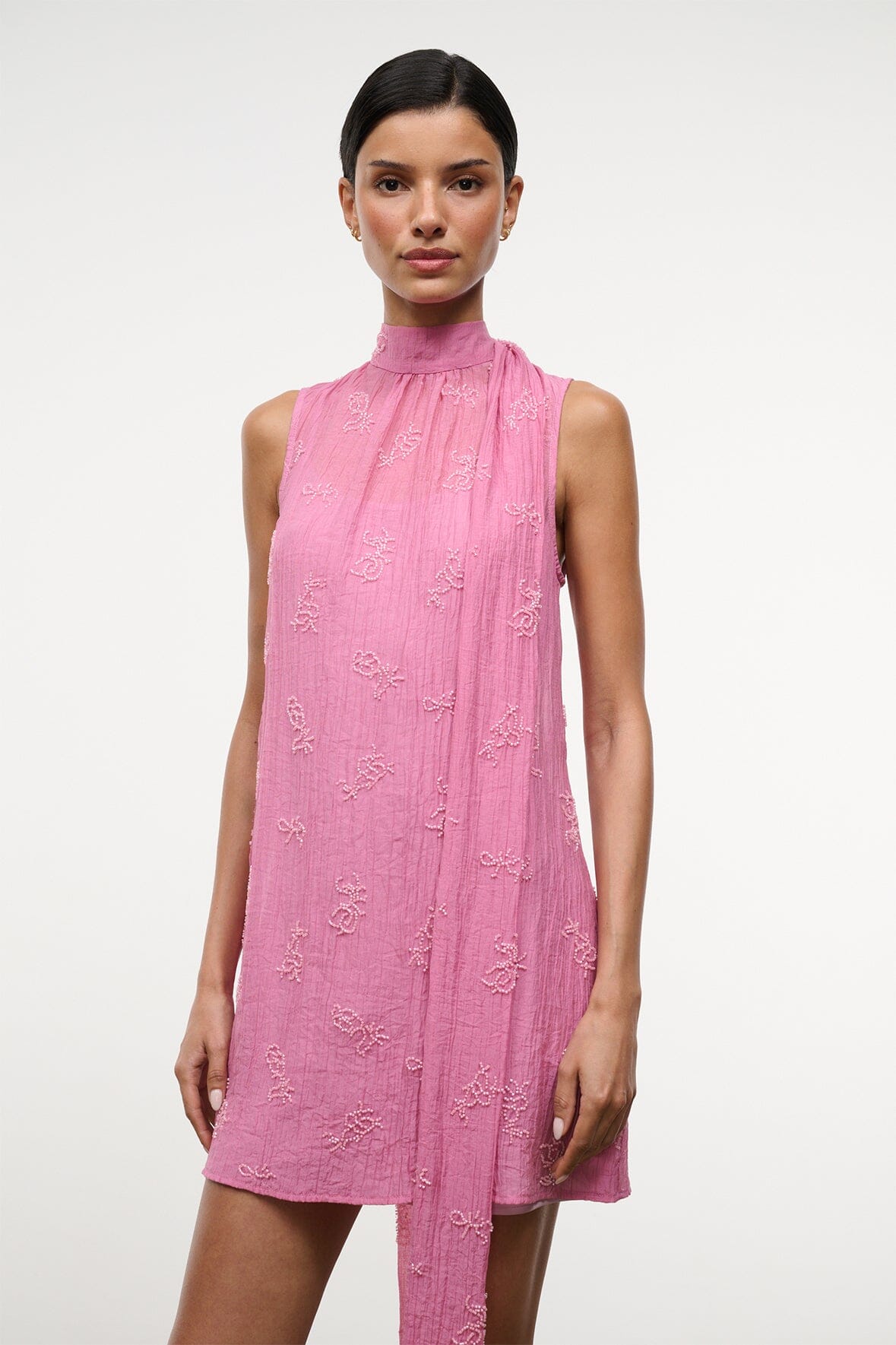 STAUD | Albee Mini Dress In Beaded Pink Organza With Neck Tie Detail