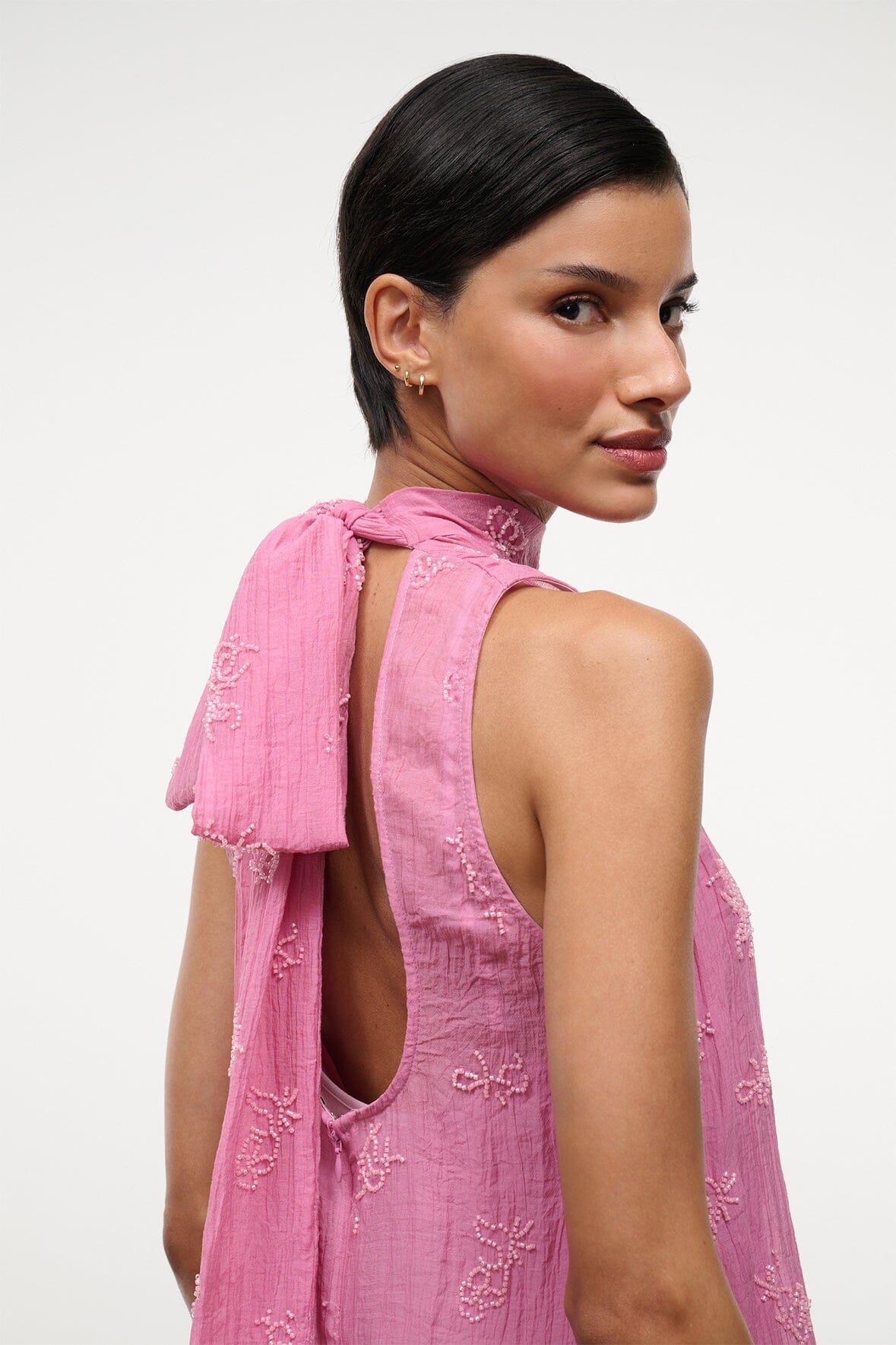 STAUD | Albee Mini Dress In Beaded Pink Organza With Neck Tie Detail