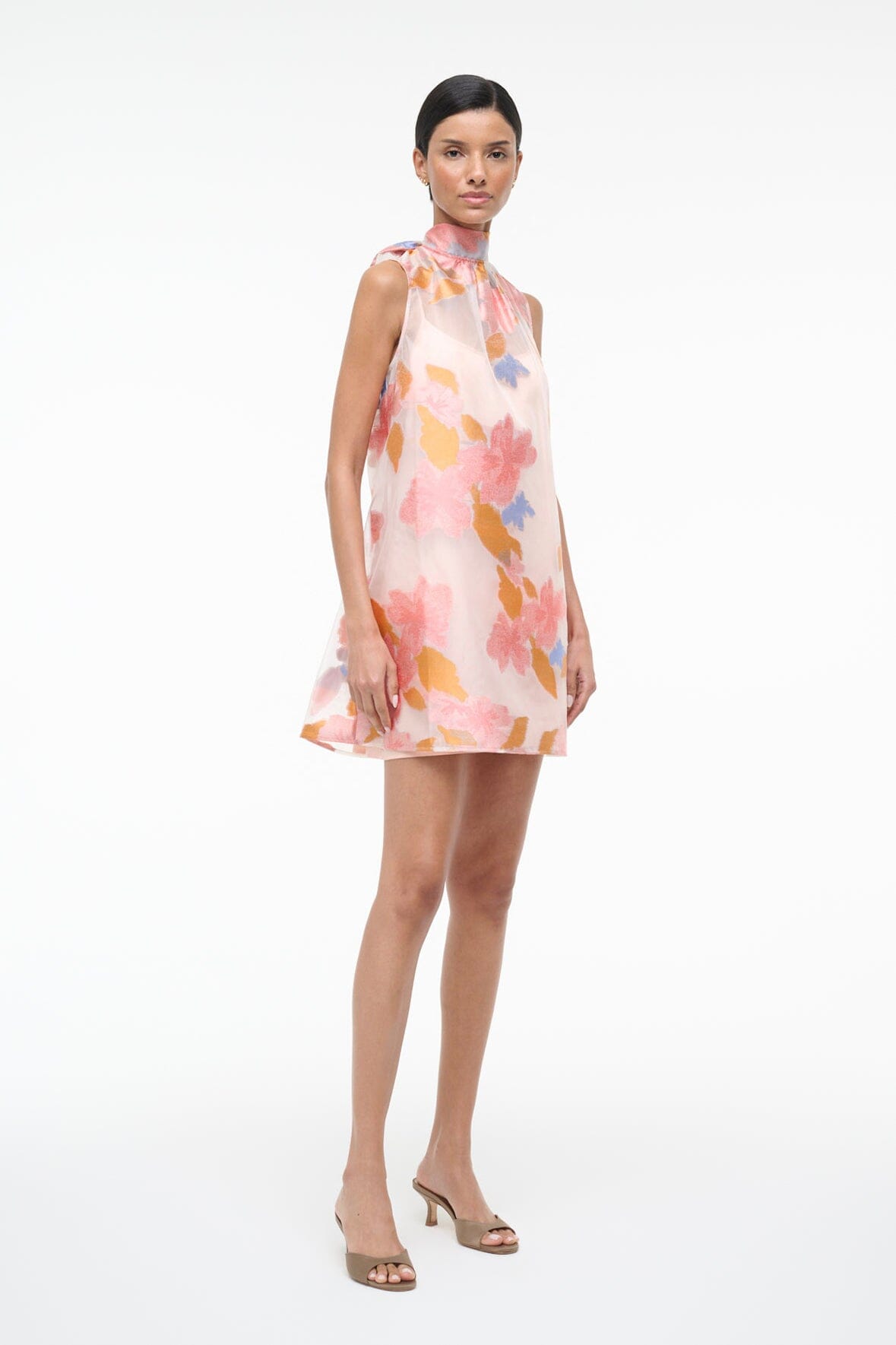 STAUD | Albee Mini Dress: Sheer Floral Organza With High Neck