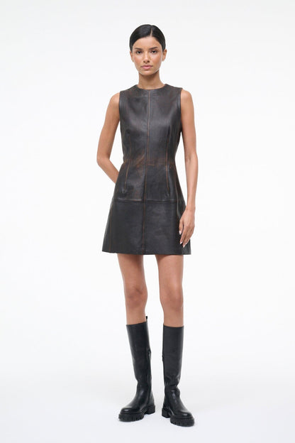 STAUD | Binx Leather Dress Distressed Brown