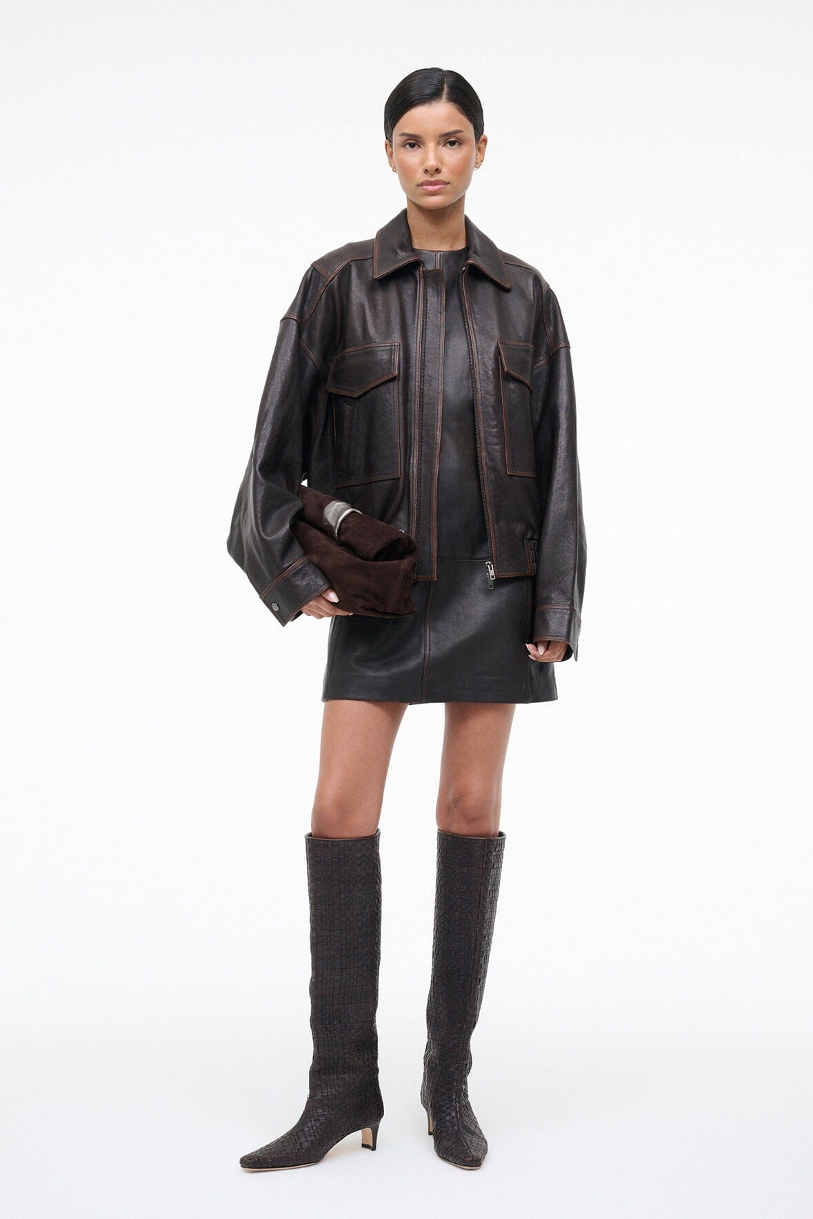 STAUD | Binx Leather Dress Distressed Brown