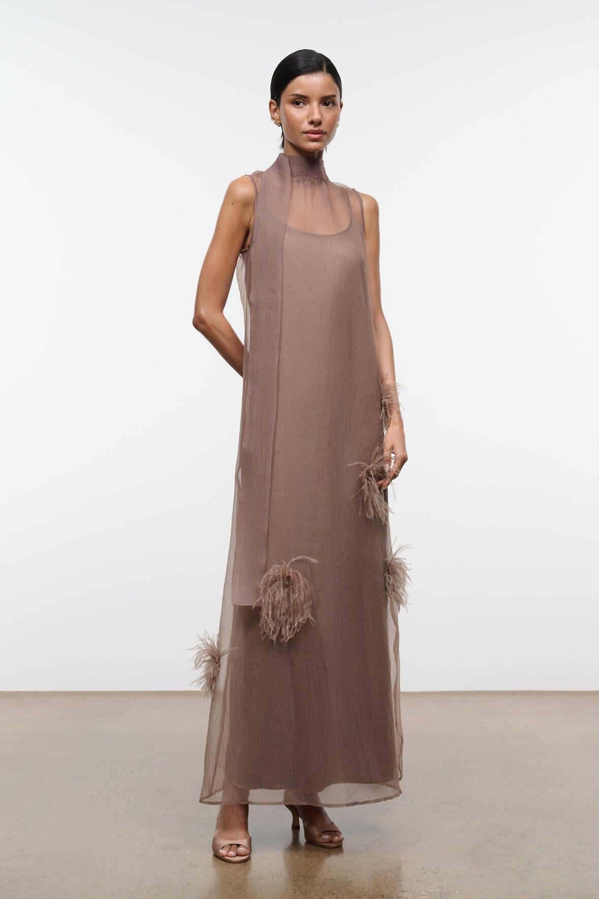 STAUD | Albee Dress In Truffle - Sheer Organza With Feather Details