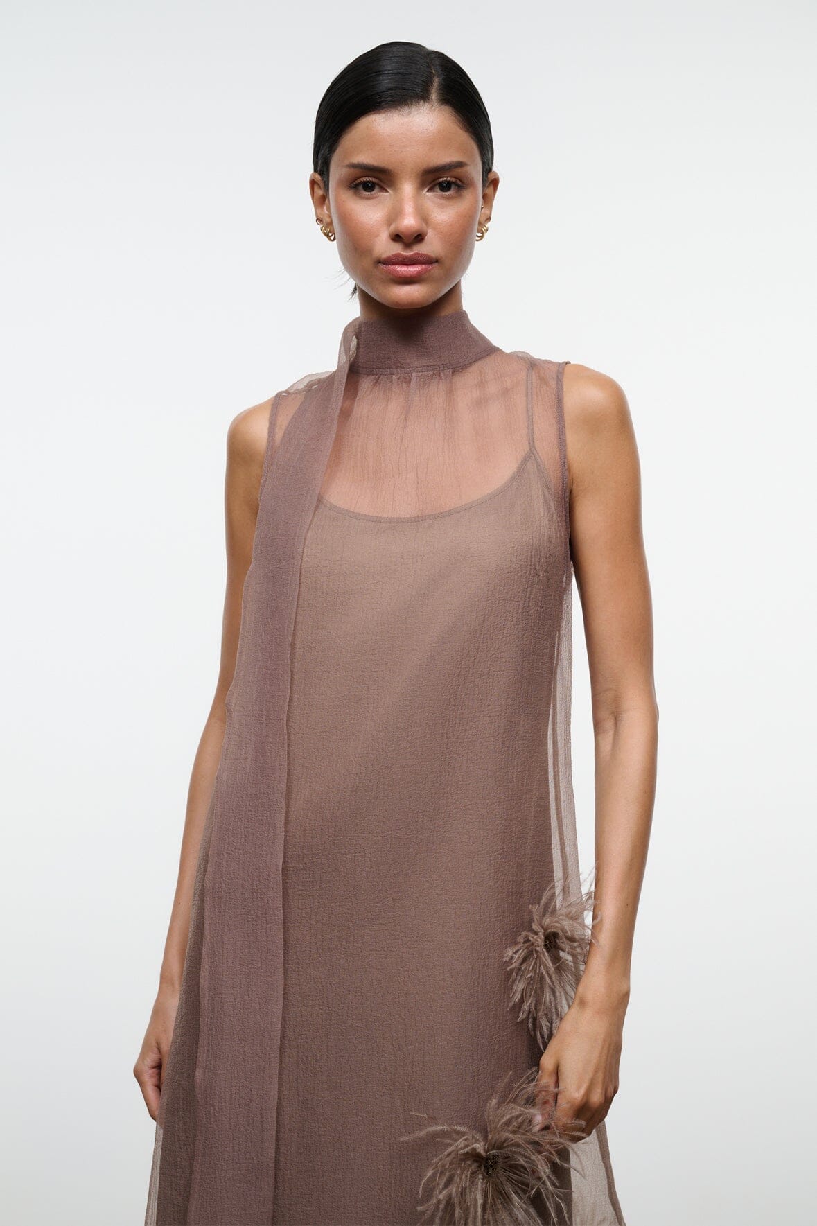 STAUD | Albee Dress In Truffle - Sheer Organza With Feather Details