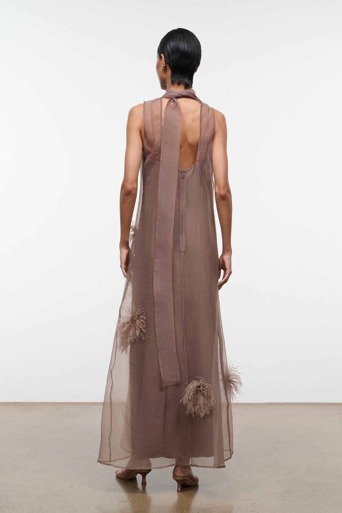STAUD | Albee Dress In Truffle - Sheer Organza With Feather Details