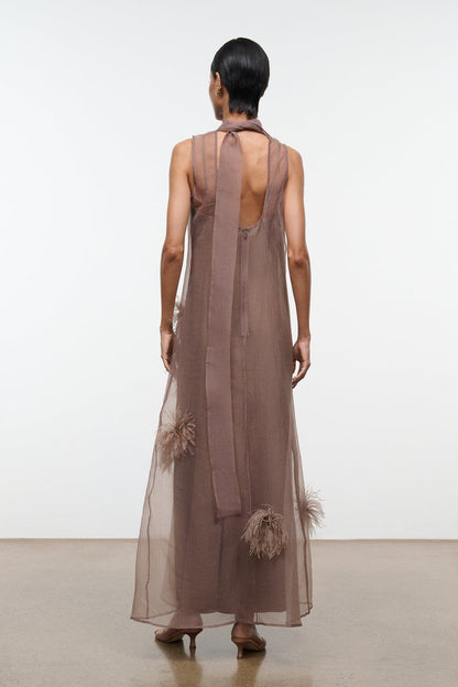 STAUD | Albee Dress In Truffle - Sheer Organza With Feather Details