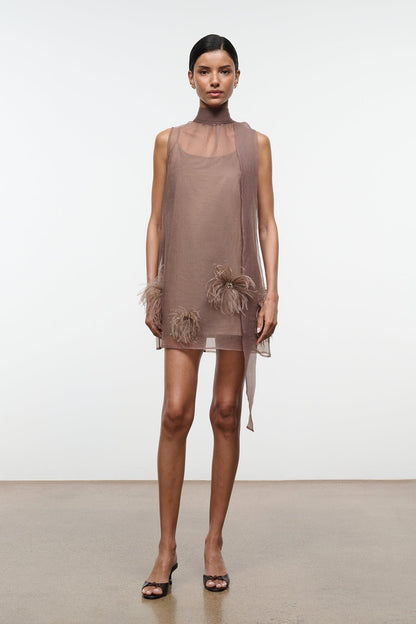 STAUD | Albee Mini Dress In Truffle - Sheer Organza Overlay