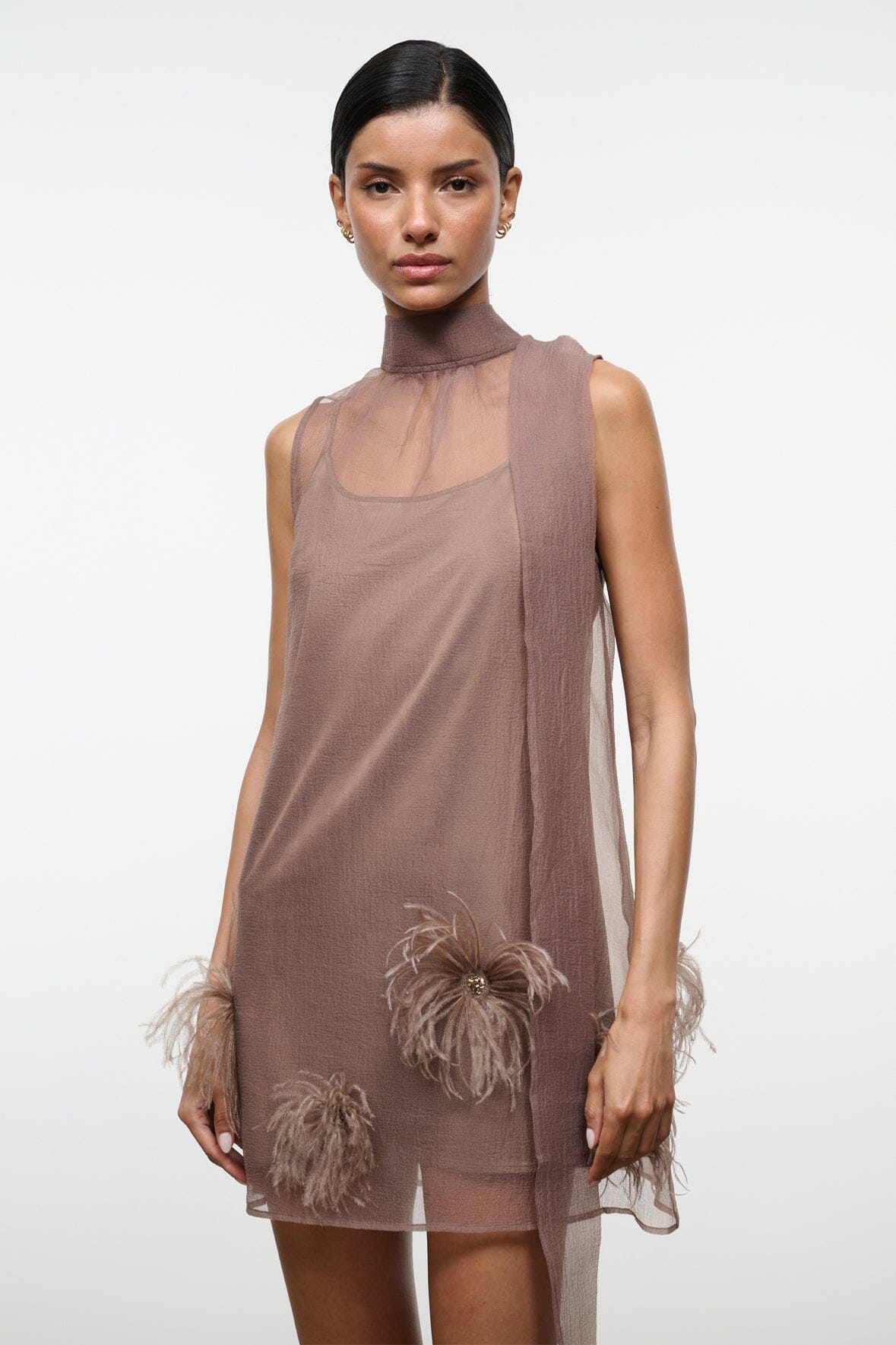 STAUD | Albee Mini Dress In Truffle - Sheer Organza Overlay