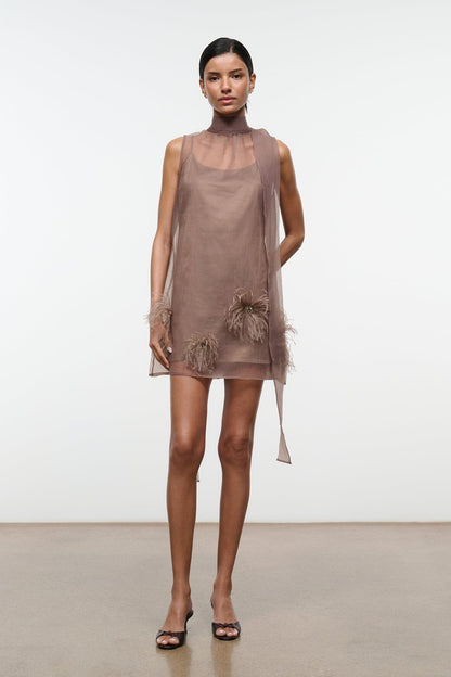 STAUD | Albee Mini Dress In Truffle - Sheer Organza Overlay