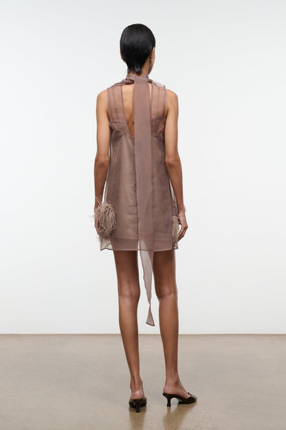 STAUD | Albee Mini Dress In Truffle - Sheer Organza Overlay