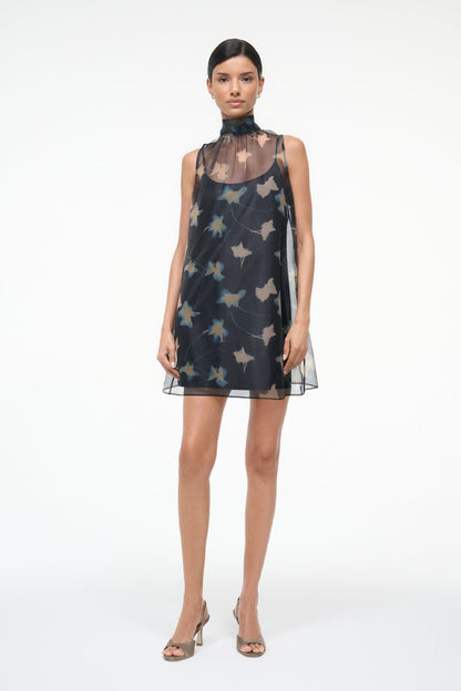 STAUD | Albee Mini Dress - Dark Floral Sheer Organza With High Neck