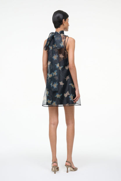 STAUD | Albee Mini Dress - Dark Floral Sheer Organza With High Neck