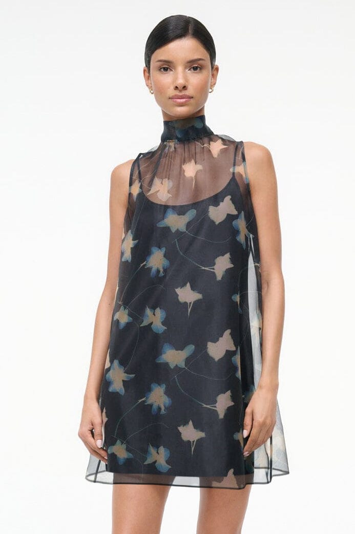 STAUD | Albee Mini Dress - Dark Floral Sheer Organza With High Neck