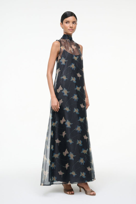 STAUD | Albee Dress - Sheer Dark Floral Organza With High Neck