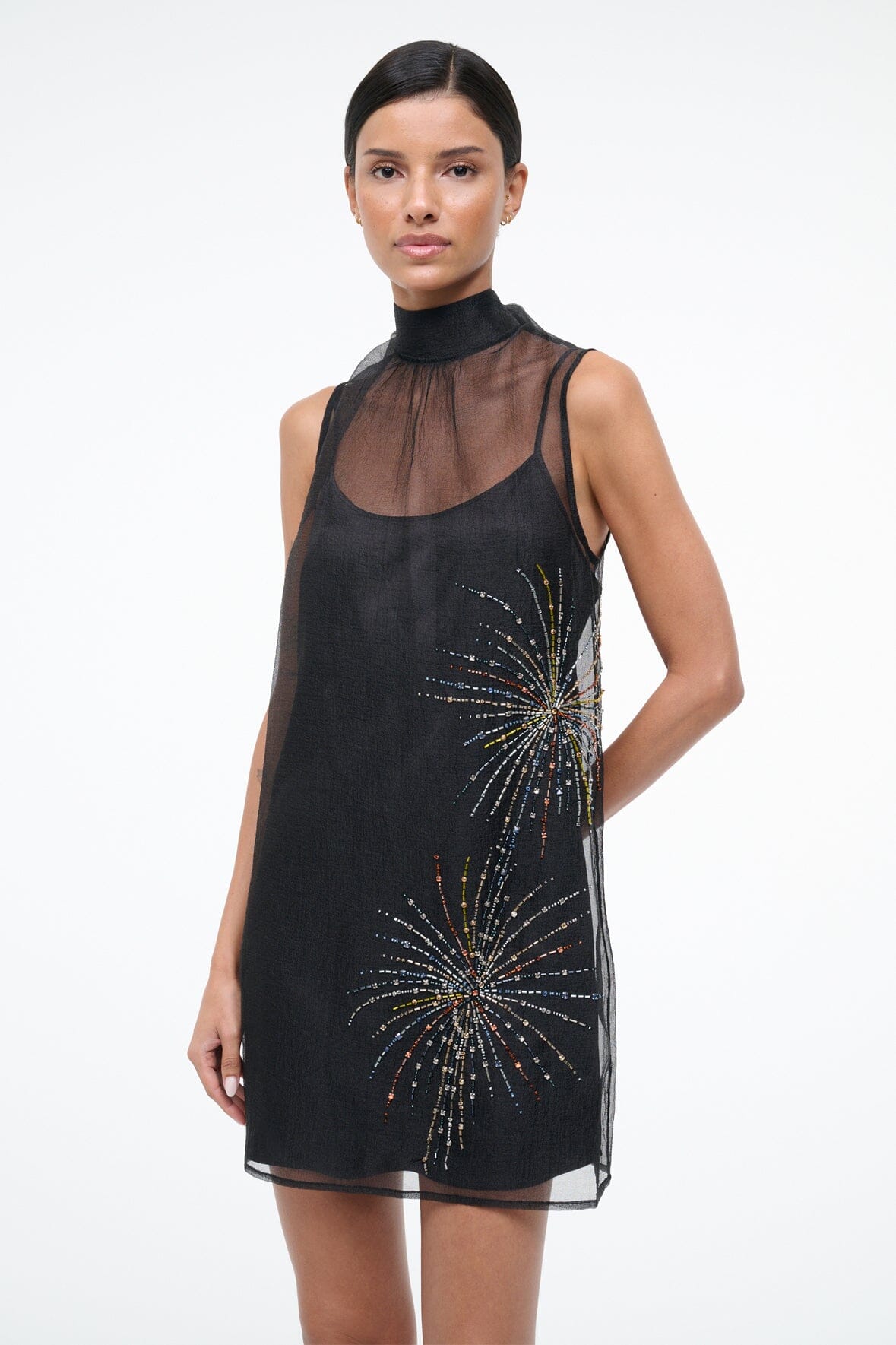 STAUD | Albee Mini Dress In Sheer Black Beaded Organza