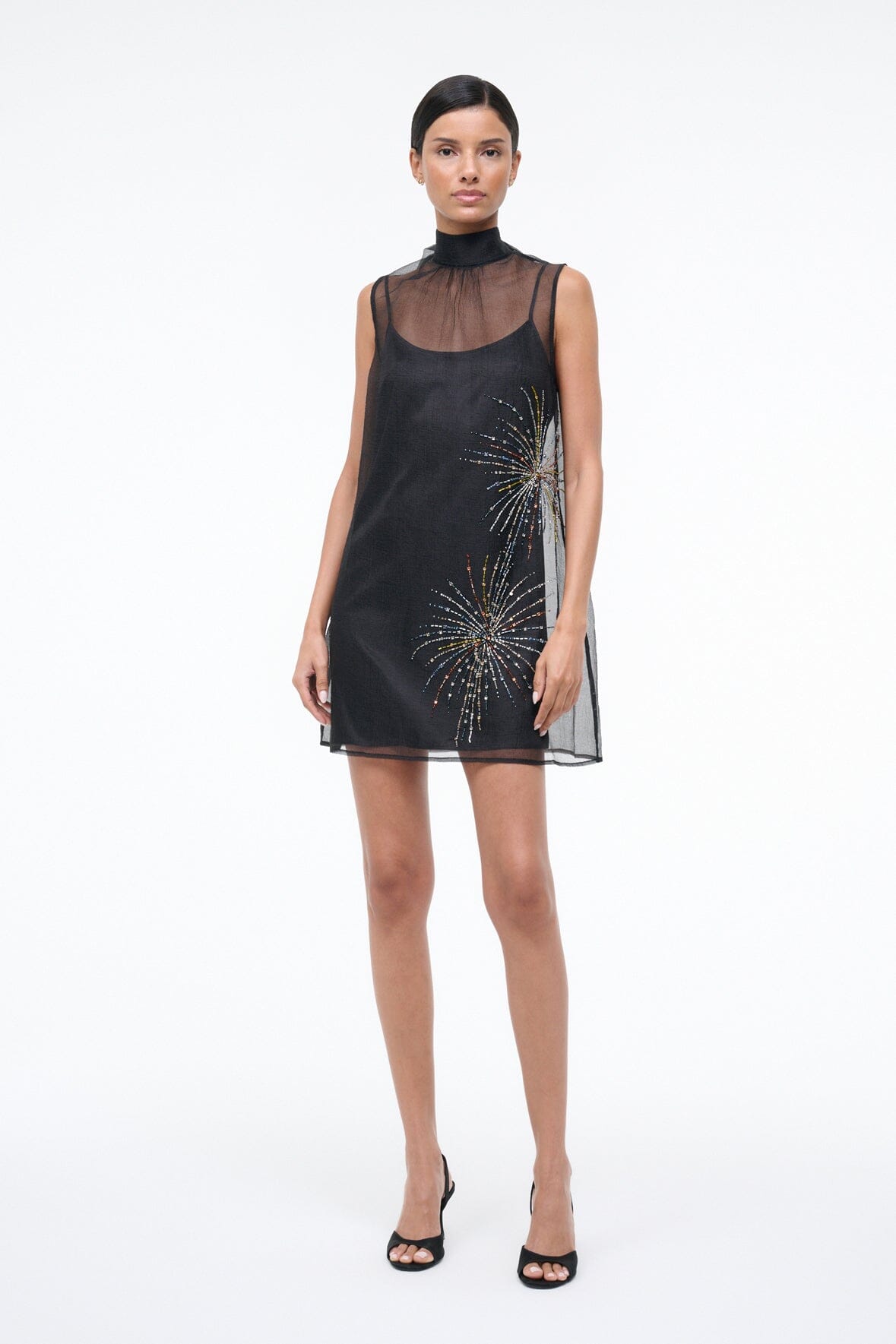 STAUD | Albee Mini Dress In Sheer Black Beaded Organza