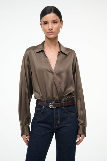 STAUD | Eve Silk Bodysuit Taupe